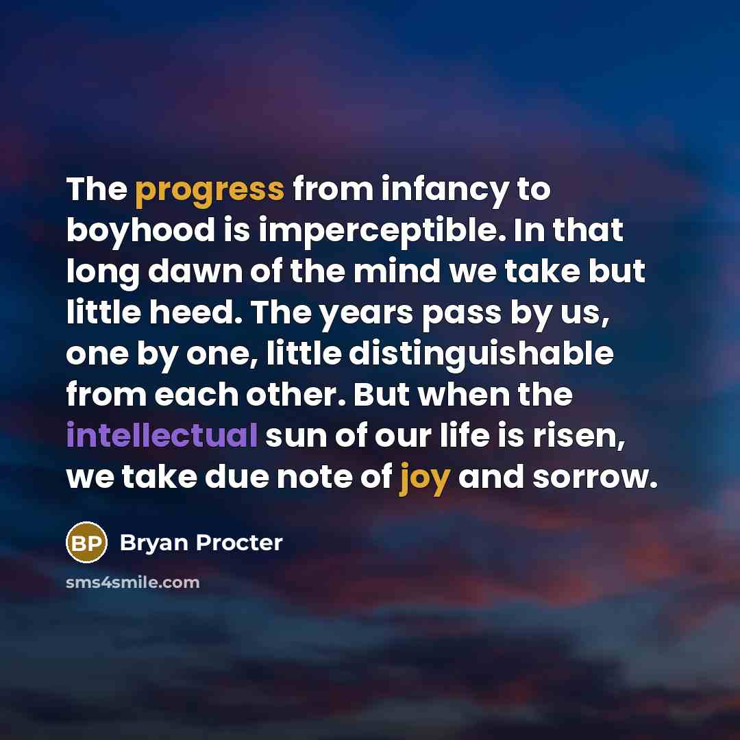 “The progress from infancy to boyhood is imperceptible. In that long dawn of the mind we take but little heed. The years pass by us, one by one, little distinguishable from each other. But when the intellectual sun of our life is risen, we take due note of joy and sorrow.” quote by Bryan Procter