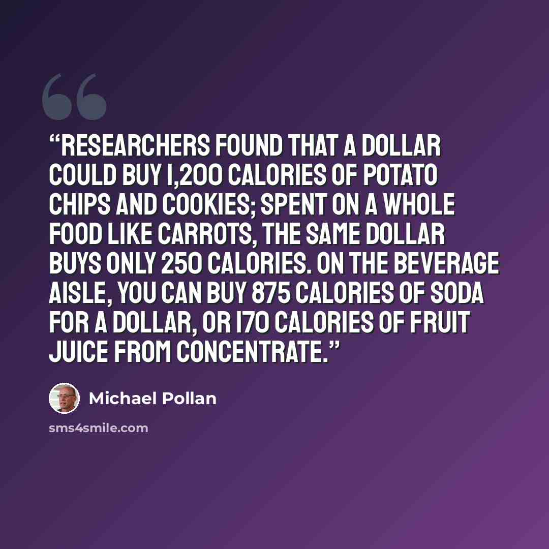 “researchers found that a dollar could buy 1,200 calories of potato chips and cookies; spent on a whole food like carrots, the same dollar buys only 250 calories. On the beverage aisle, you can buy 875 calories of soda for a dollar, or 170 calories of fruit juice from concentrate.” quote by Michael Pollan