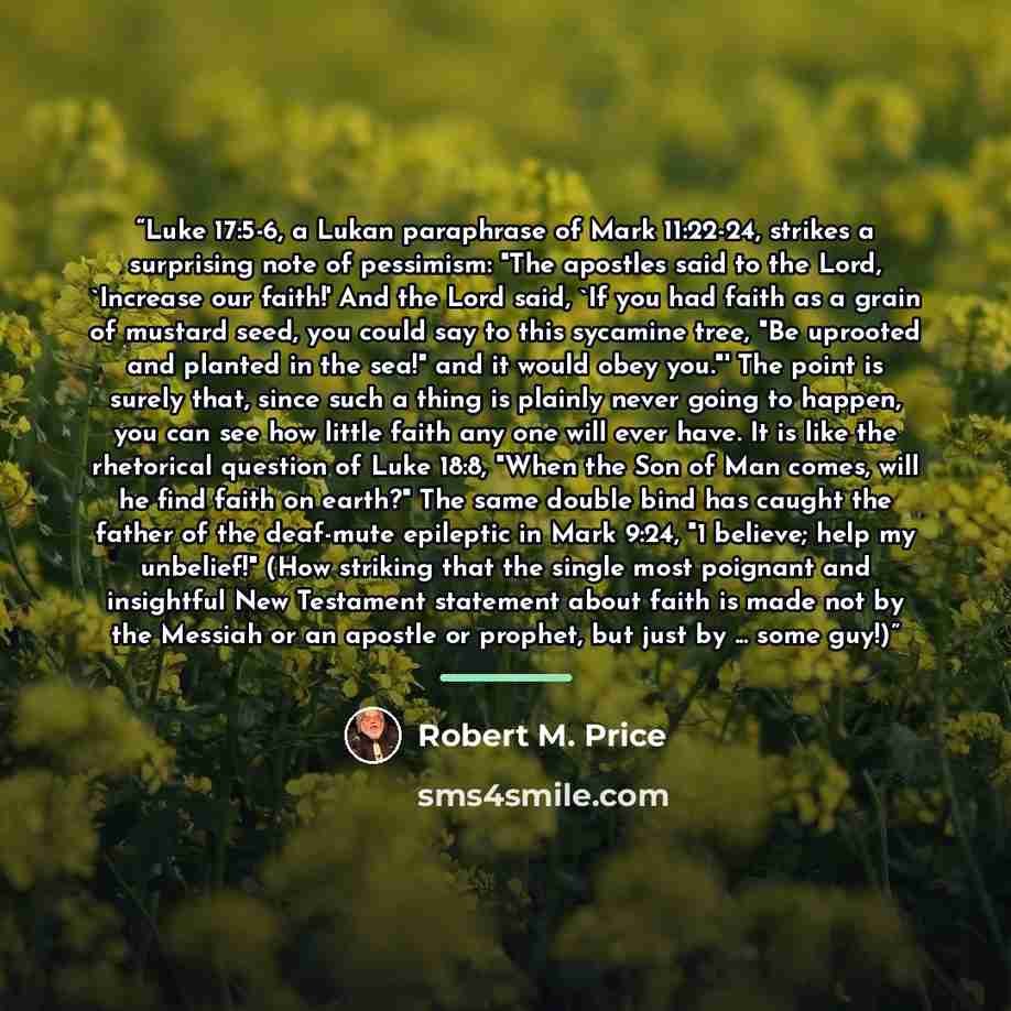 “Luke 17:5-6, a Lukan paraphrase of Mark 11:22-24, strikes a surprising note of pessimism: "The apostles said to the Lord, 'Increase our faith!' And the Lord said, 'If you had faith as a grain of mustard seed, you could say to this sycamine tree, "Be uprooted and planted in the sea!" and it would…” quote by Robert M. Price
