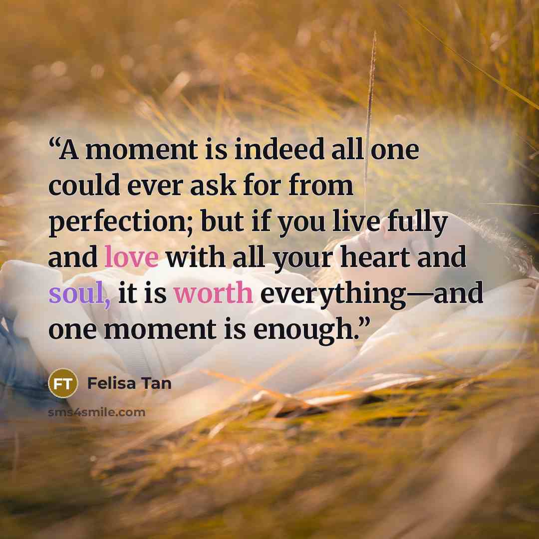 “A moment is indeed all one could ever ask for from perfection; but if you live fully and love with all your heart and soul, it is worth everything—and one moment is enough.” quote by Felisa Tan