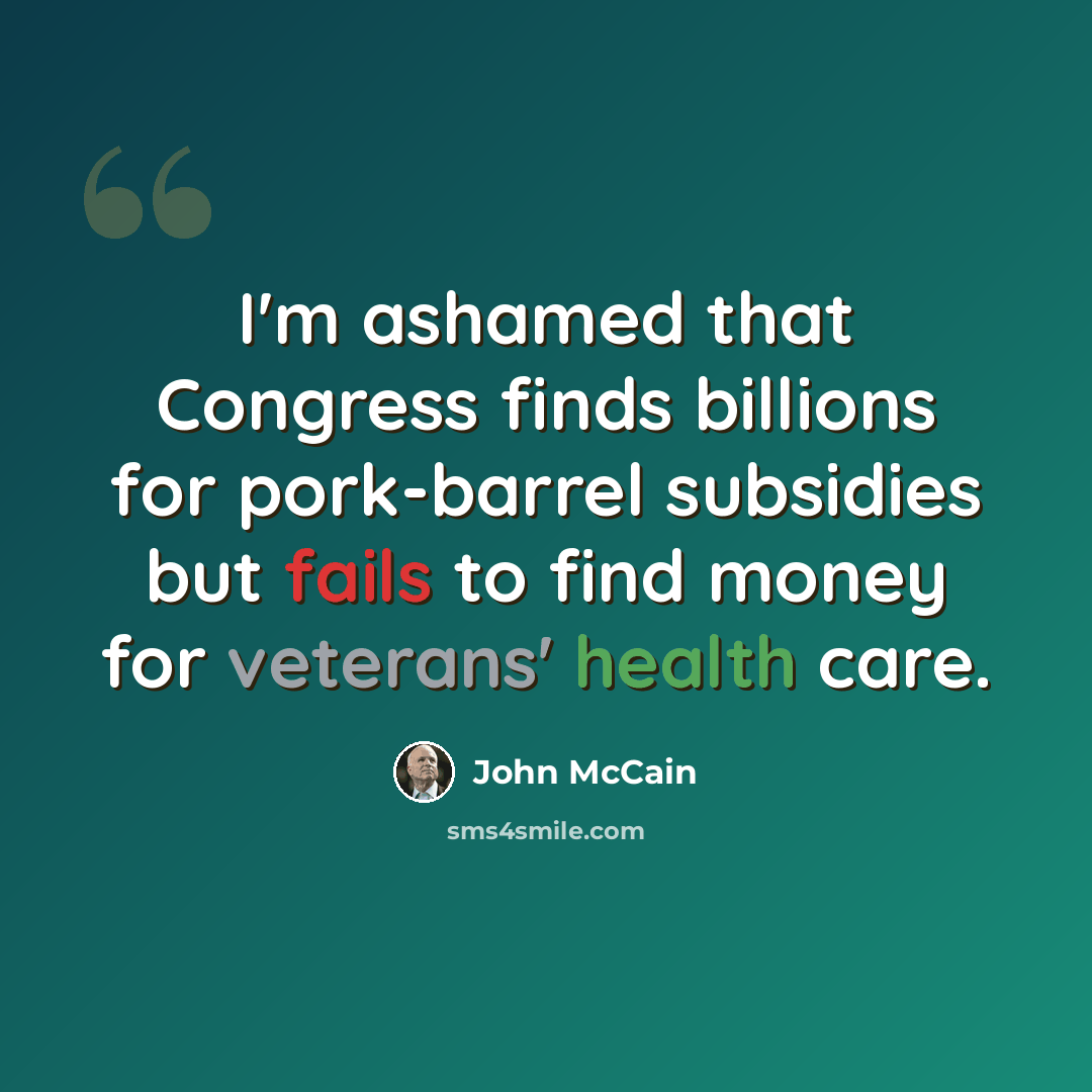 “I'm ashamed that Congress finds billions for pork-barrel subsidies but fails to find money for veterans' health care.” quote by John McCain