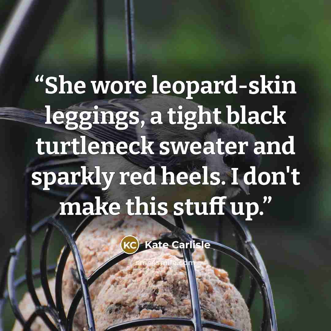 “She wore leopard-skin leggings, a tight black turtleneck sweater and sparkly red heels. I don't make this stuff up.” quote by Kate Carlisle