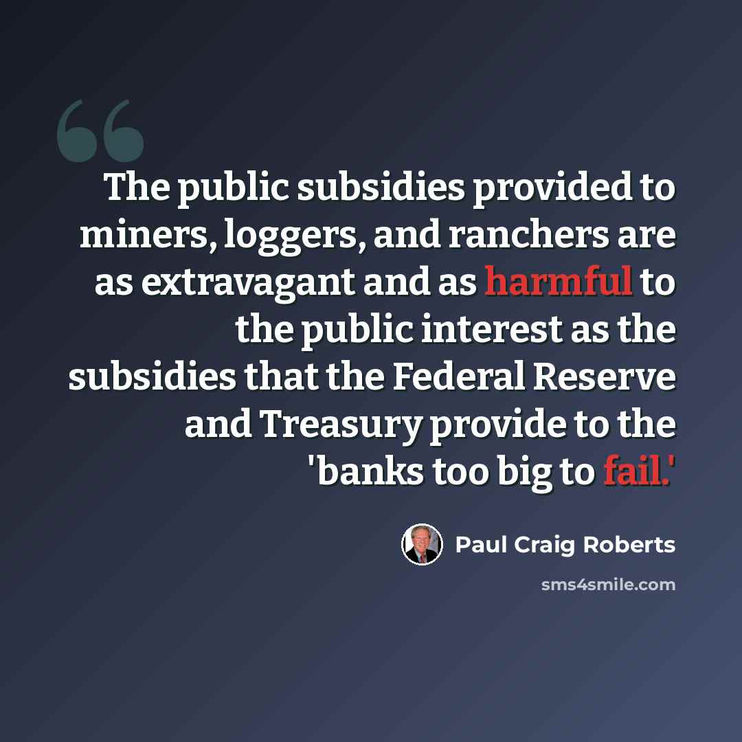“The public subsidies provided to miners, loggers, and ranchers are as extravagant and as harmful to the public interest as the subsidies that the Federal Reserve and Treasury provide to the 'banks too big to fail.'” quote by Paul Craig Roberts