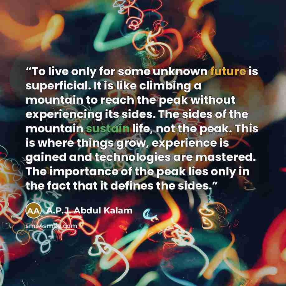 “To live only for some unknown future is superficial. It is like climbing a mountain to reach the peak without experiencing its sides. The sides of the mountain sustain life, not the peak. This is where things grow, experience is gained and technologies are mastered. The importance of the peak lies…” quote by A.P.J. Abdul Kalam