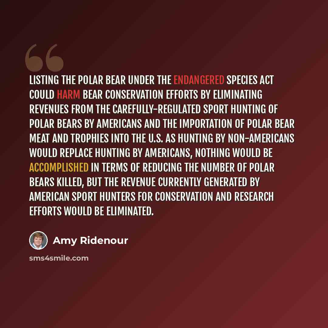 “Listing the polar bear under the Endangered Species Act could harm bear conservation efforts by eliminating revenues from the carefully-regulated sport hunting of polar bears by Americans and the importation of polar bear meat and trophies into the U.S. As hunting by non-Americans would replace…” quote by Amy Ridenour