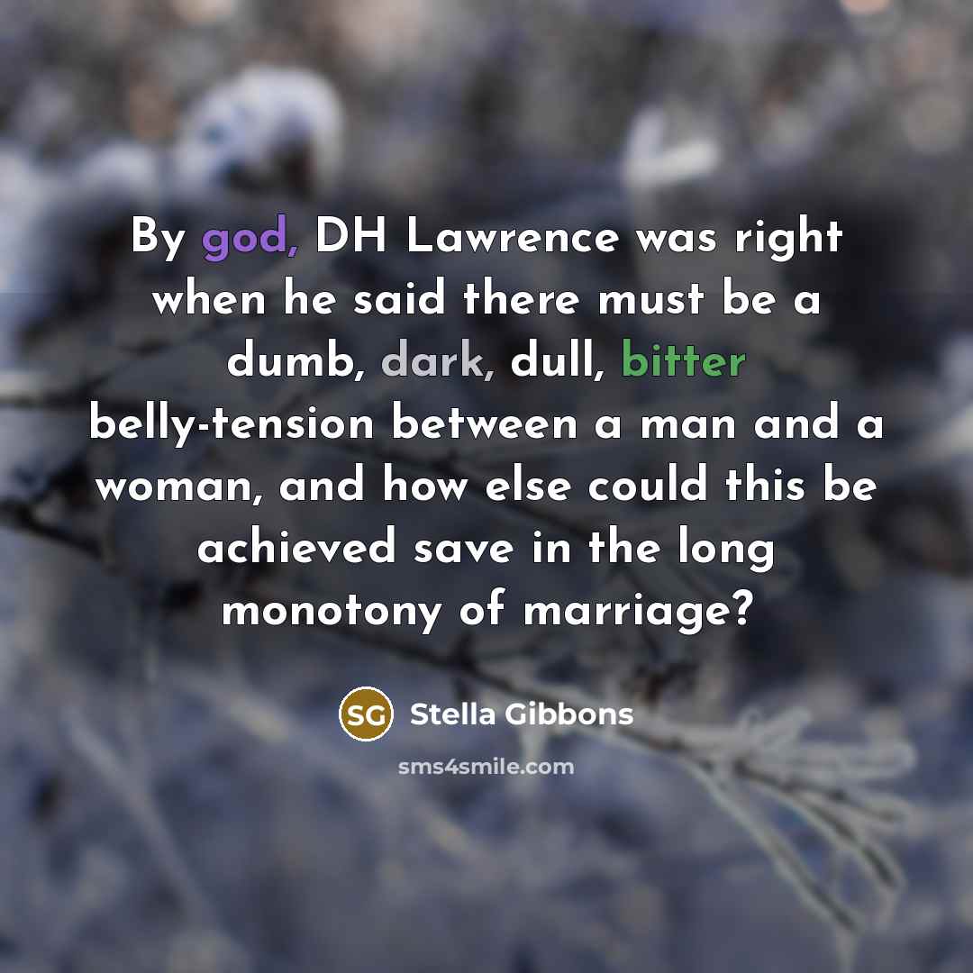 “By god, DH Lawrence was right when he said there must be a dumb, dark, dull, bitter belly-tension between a man and a woman, and how else could this be achieved save in the long monotony of marriage?” quote by Stella Gibbons