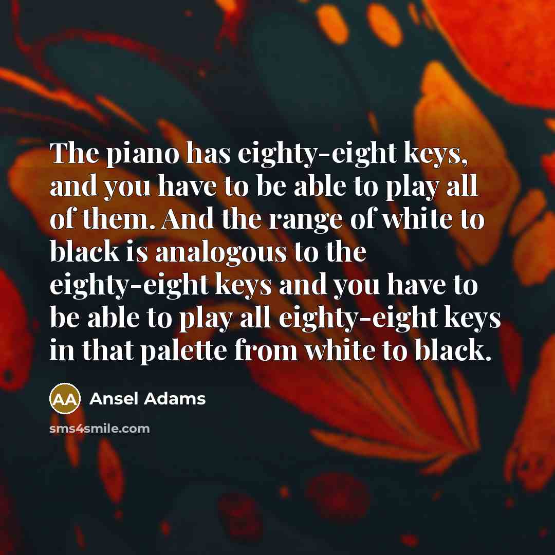 “The piano has eighty-eight keys, and you have to be able to play all of them. And the range of white to black is analogous to the eighty-eight keys and you have to be able to play all eighty-eight keys in that palette from white to black.” quote by Ansel Adams