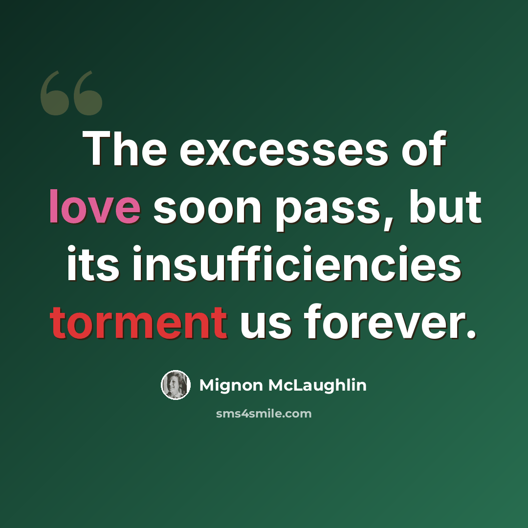 “The excesses of love soon pass, but its insufficiencies torment us forever.” quote by Mignon McLaughlin