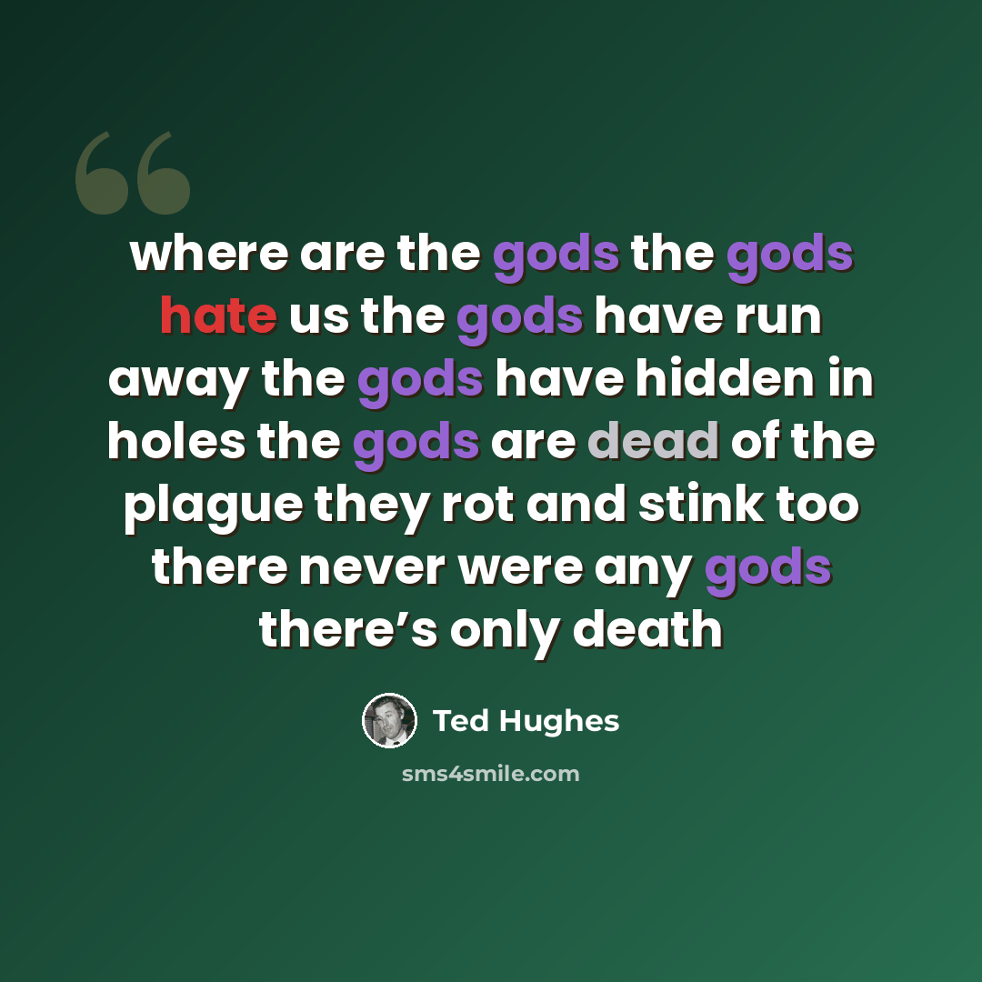“where are the gods the gods hate us the gods have run away the gods have hidden in holes the gods are dead of the plague they rot and stink too there never were any gods there’s only death” quote by Ted Hughes