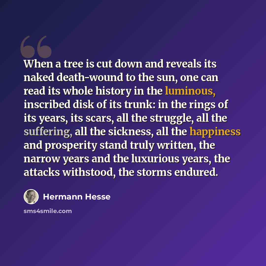 “When a tree is cut down and reveals its naked death-wound to the sun, one can read its whole history in the luminous, inscribed disk of its trunk: in the rings of its years, its scars, all the struggle, all the suffering, all the sickness, all the happiness and prosperity stand truly written, the…” quote by Hermann Hesse