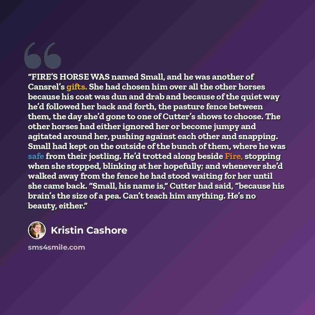 “FIRE’S HORSE WAS named Small, and he was another of Cansrel’s gifts. She had chosen him over all the other horses because his coat was dun and drab and because of the quiet way he’d followed her back and forth, the pasture fence between them, the day she’d gone to one of Cutter’s shows to choose…” quote by Kristin Cashore