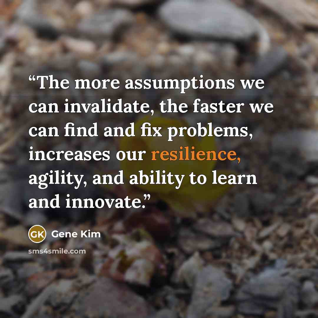 “The more assumptions we can invalidate, the faster we can find and fix problems, increases our resilience, agility, and ability to learn and innovate.” quote by Gene Kim