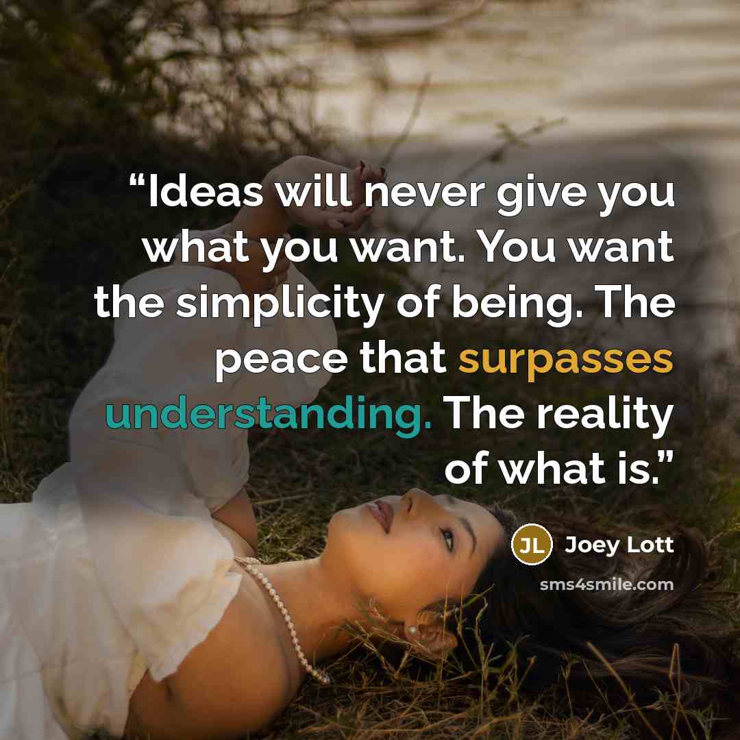 “Ideas will never give you what you want. You want the simplicity of being. The peace that surpasses understanding. The reality of what is.” quote by Joey Lott