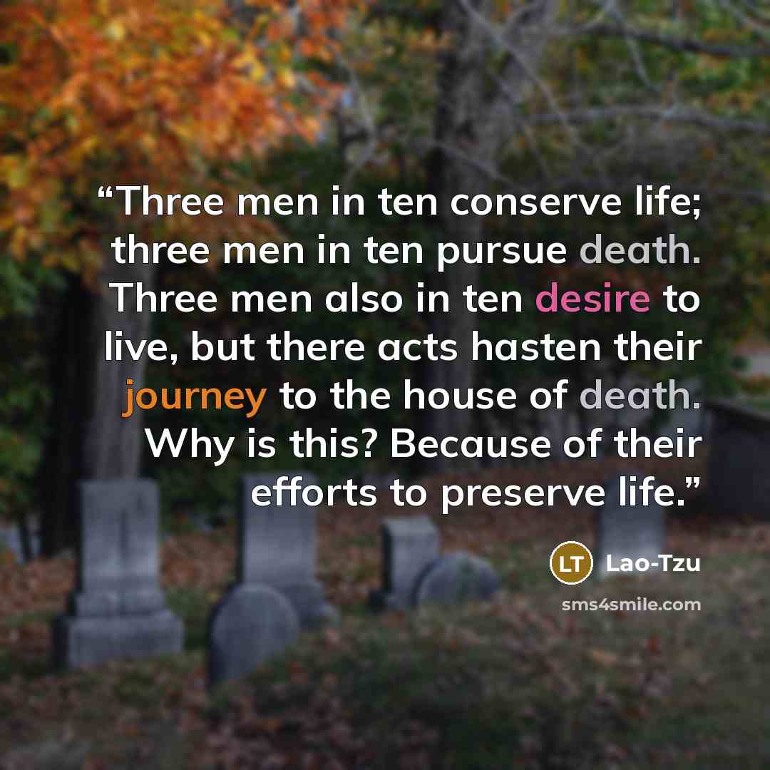 “Three men in ten conserve life; three men in ten pursue death. Three men also in ten desire to live, but there acts hasten their journey to the house of death. Why is this? Because of their efforts to preserve life.” quote by Lao-Tzu