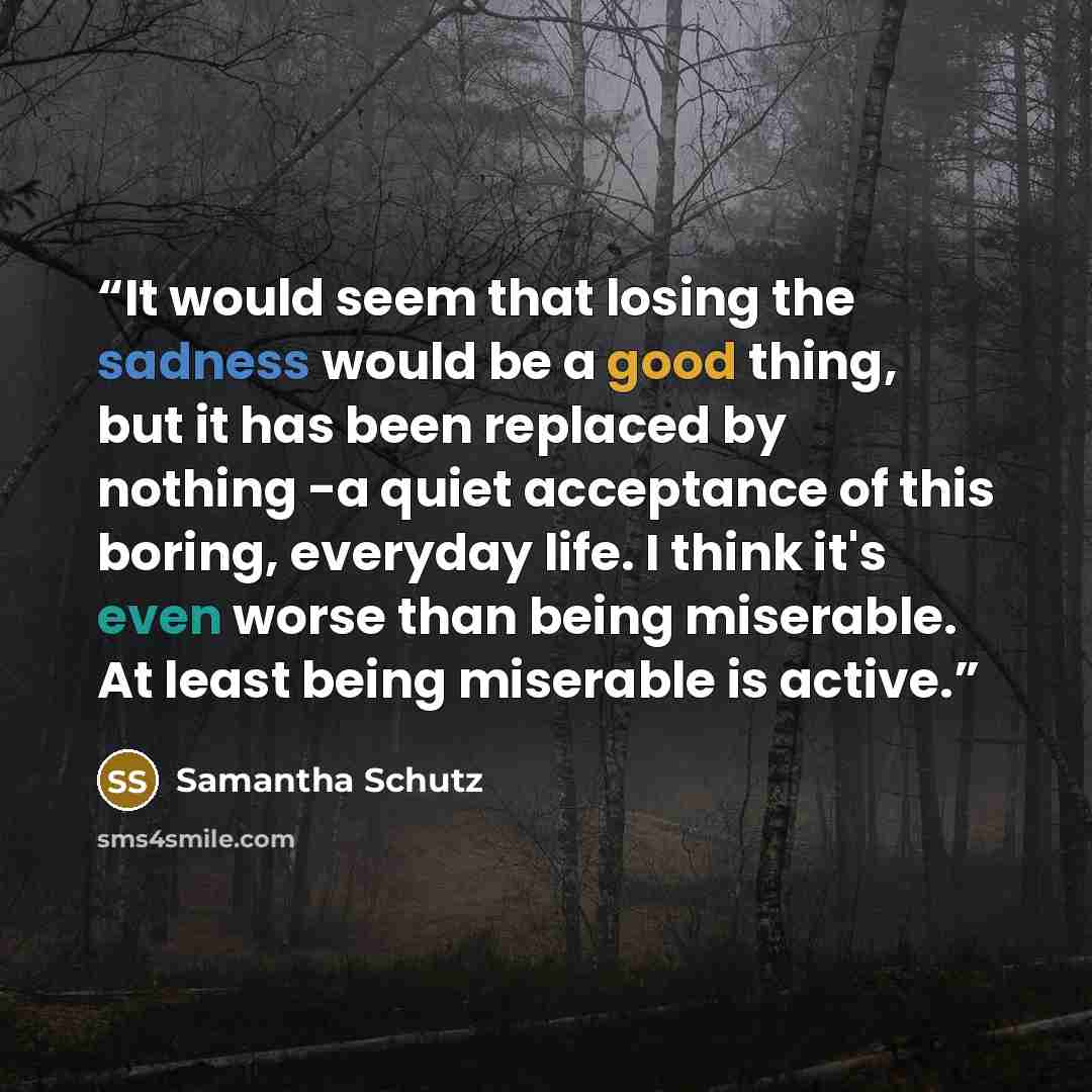 “It would seem that losing the sadness would be a good thing, but it has been replaced by nothing -a quiet acceptance of this boring, everyday life. I think it's even worse than being miserable. At least being miserable is active.” quote by Samantha Schutz