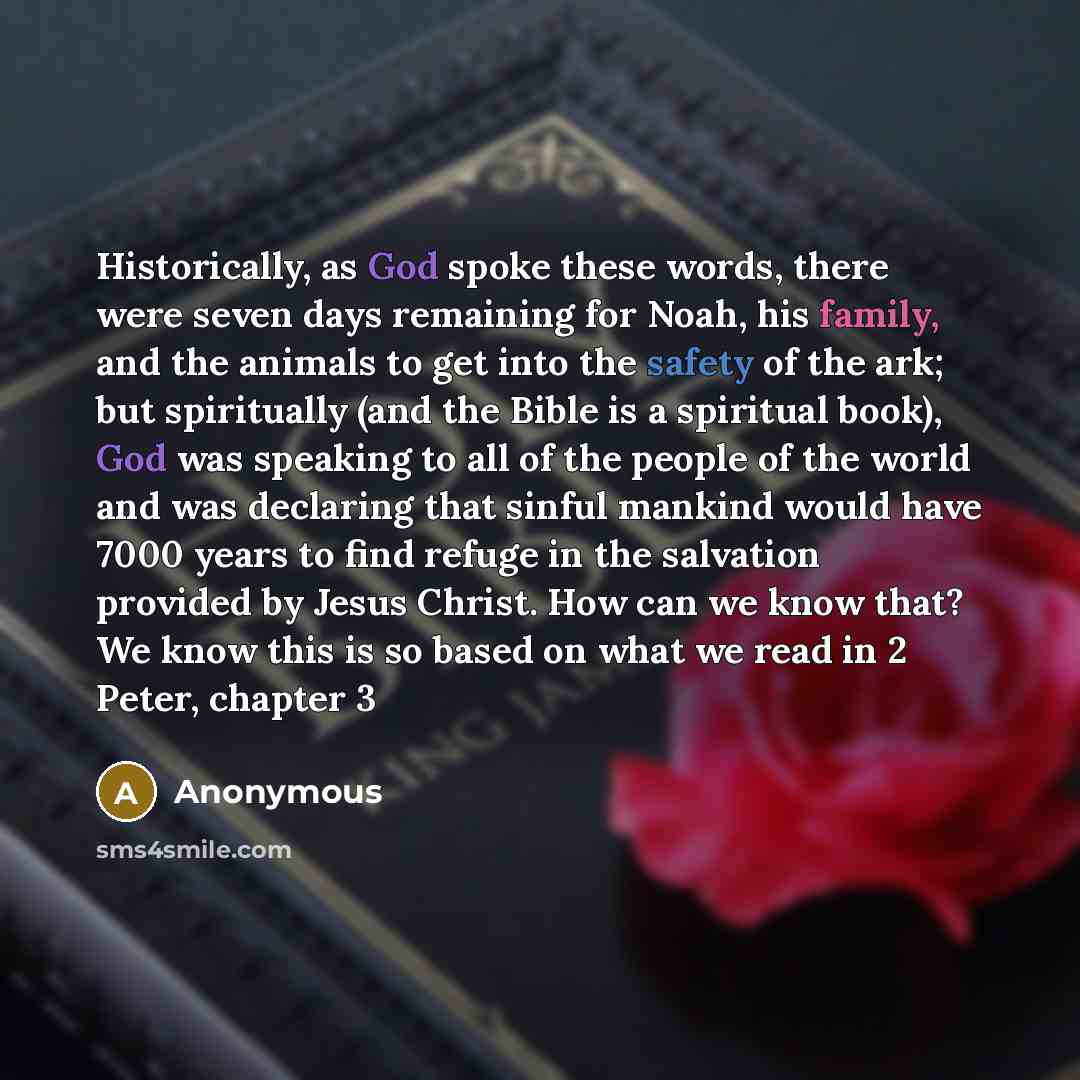 “Historically, as God spoke these words, there were seven days remaining for Noah, his family, and the animals to get into the safety of the ark; but spiritually (and the Bible is a spiritual book), God was speaking to all of the people of the world and was declaring that sinful mankind would have…” quote by Anonymous