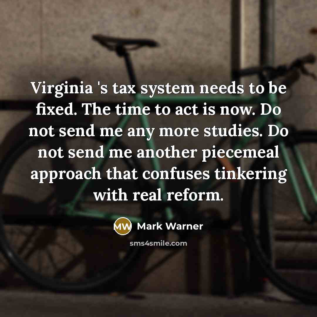“Virginia 's tax system needs to be fixed. The time to act is now. Do not send me any more studies. Do not send me another piecemeal approach that confuses tinkering with real reform.” quote by Mark Warner