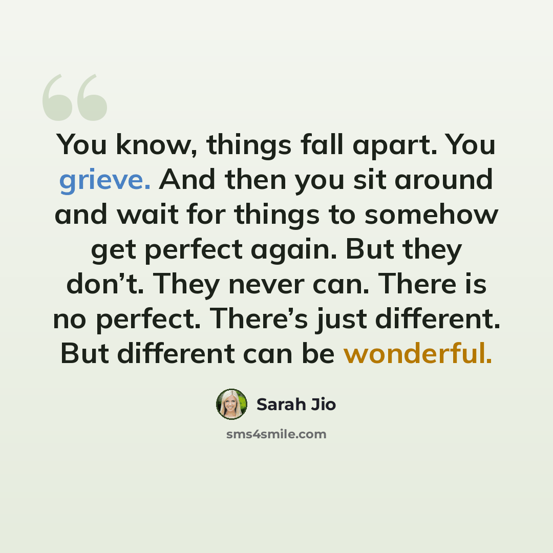 “You know, things fall apart. You grieve. And then you sit around and wait for things to somehow get perfect again. But they don’t. They never can. There is no perfect. There’s just different. But different can be wonderful.” quote by Sarah Jio