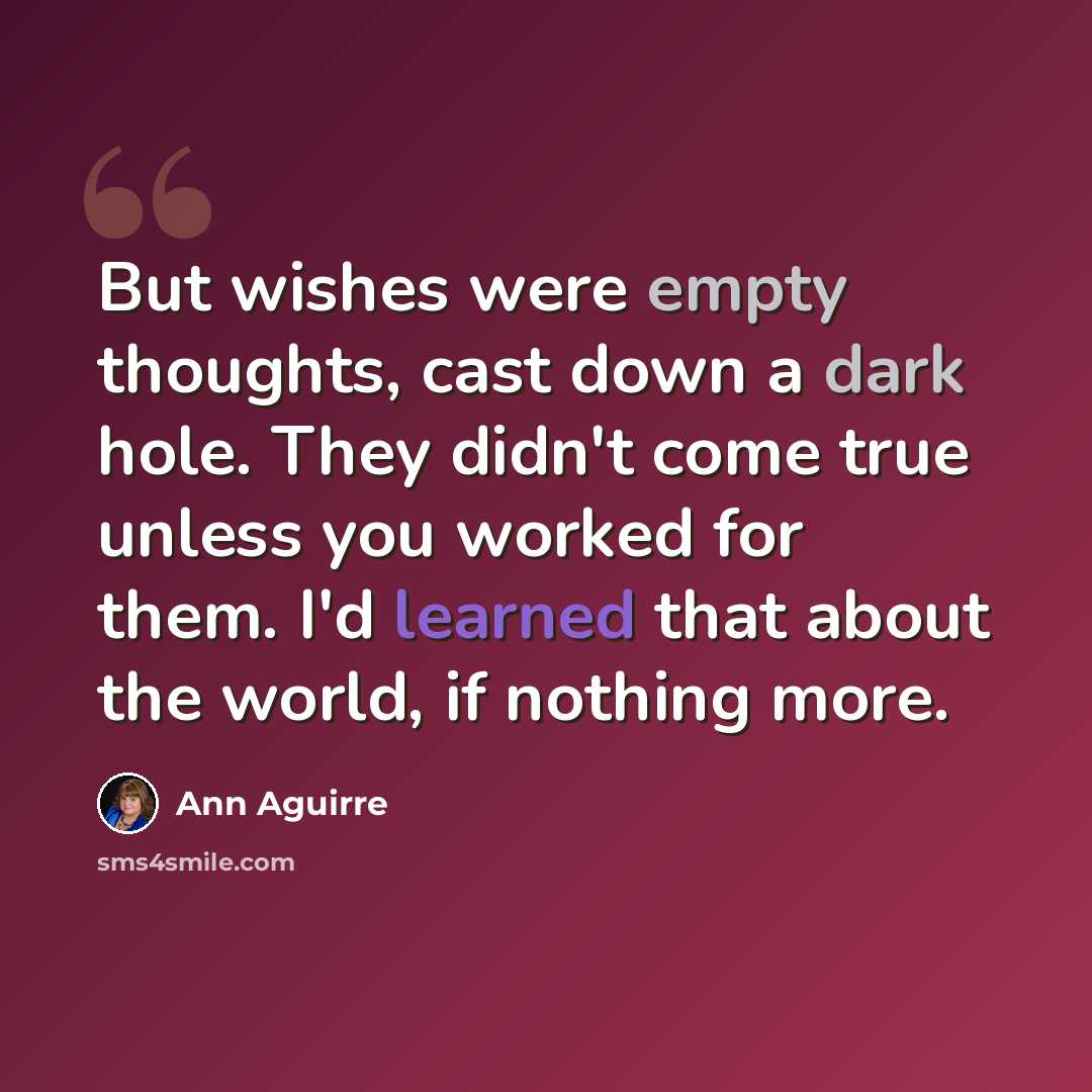 “But wishes were empty thoughts, cast down a dark hole. They didn't come true unless you worked for them. I'd learned that about the world, if nothing more.” quote by Ann Aguirre