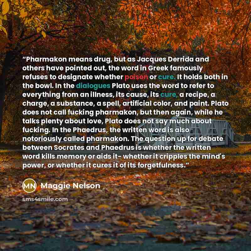 “Pharmakon means drug, but as Jacques Derrida and others have pointed out, the word in Greek famously refuses to designate whether poison or cure. It holds both in the bowl. In the dialogues Plato uses the word to refer to everything from an illness, its cause, its cure, a recipe, a charge, a…” quote by Maggie Nelson