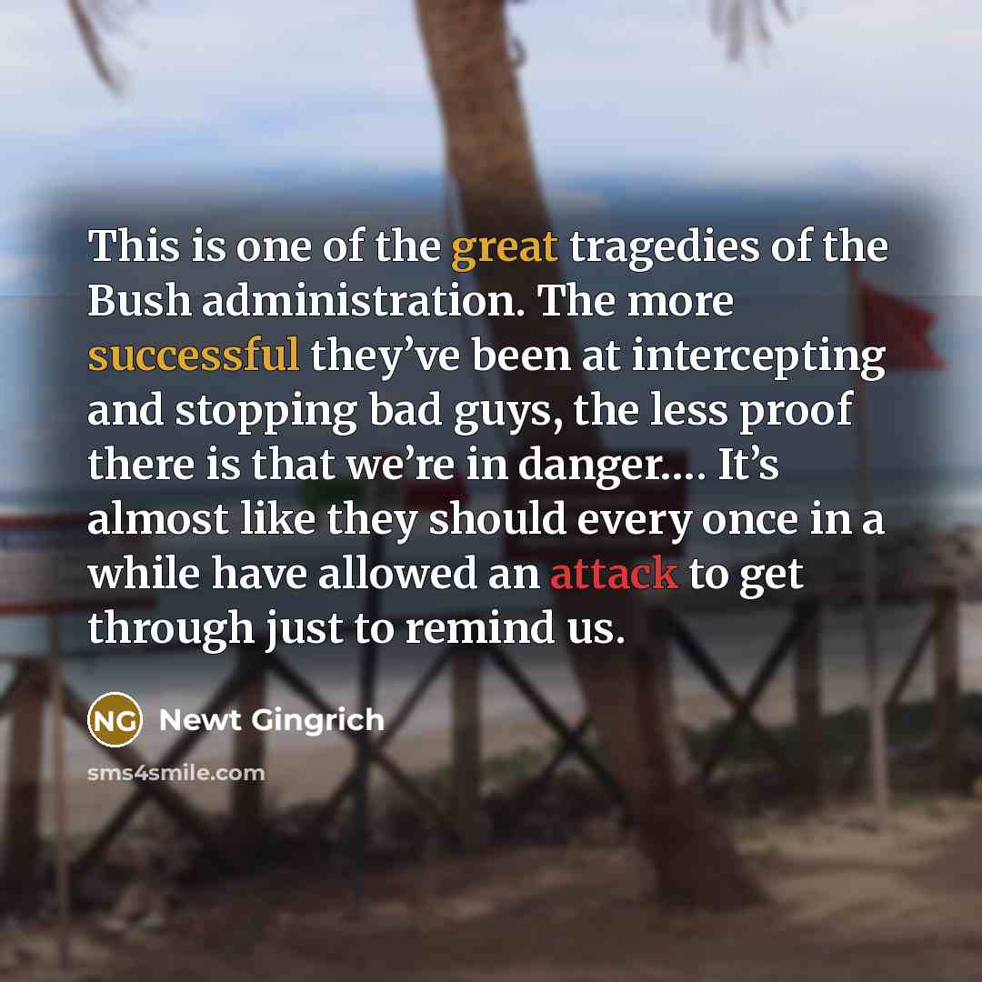 “This is one of the great tragedies of the Bush administration. The more successful they’ve been at intercepting and stopping bad guys, the less proof there is that we’re in danger…. It’s almost like they should every once in a while have allowed an attack to get through just to remind us.” quote by Newt Gingrich