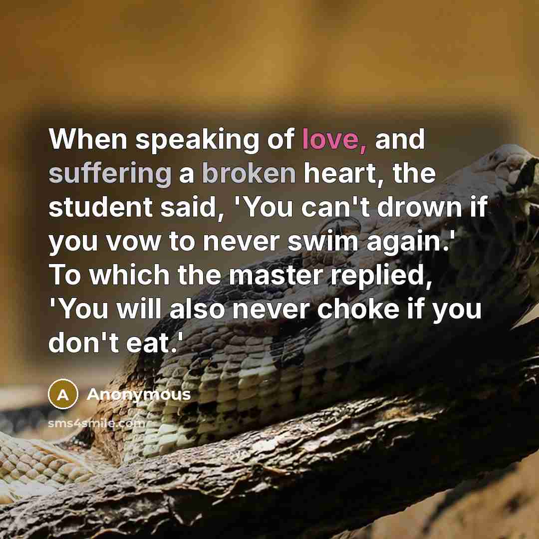 “When speaking of love, and suffering a broken heart, the student said, 'You can't drown if you vow to never swim again.' To which the master replied, 'You will also never choke if you don't eat.'” quote by Anonymous