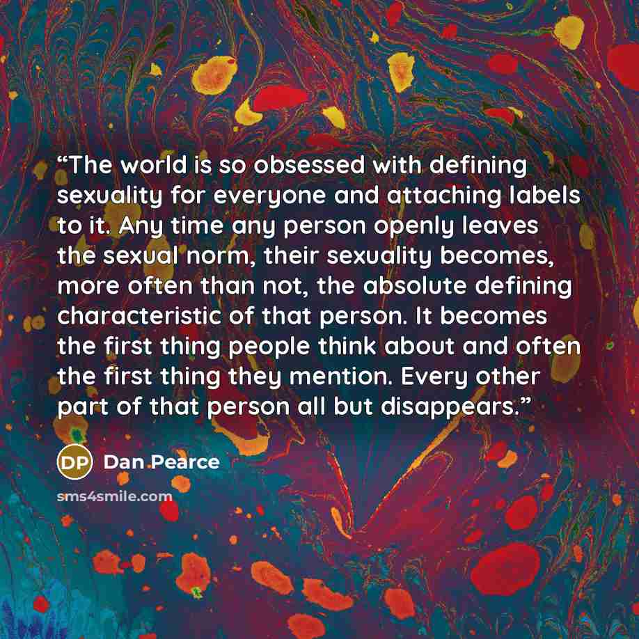 “The world is so obsessed with defining sexuality for everyone and attaching labels to it. Any time any person openly leaves the sexual norm, their sexuality becomes, more often than not, the absolute defining characteristic of that person. It becomes the first thing people think about and often…” quote by Dan Pearce