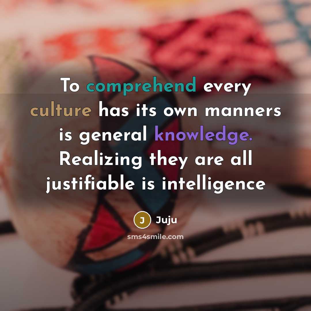 “To comprehend every culture has its own manners is general knowledge. Realizing they are all justifiable is intelligence” quote by Juju