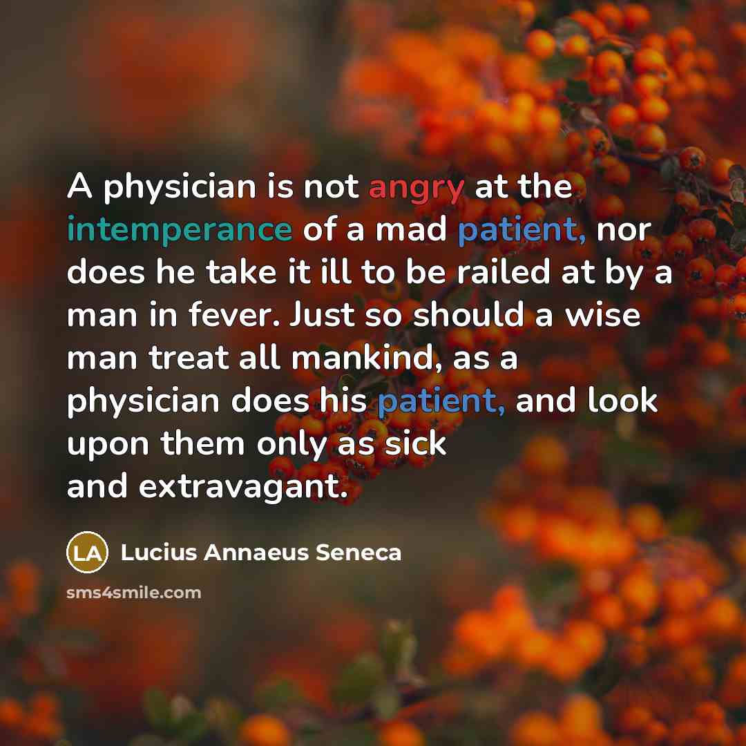 “A physician is not angry at the intemperance of a mad patient, nor does he take it ill to be railed at by a man in fever. Just so should a wise man treat all mankind, as a physician does his patient, and look upon them only as sick and extravagant.” quote by Lucius Annaeus Seneca