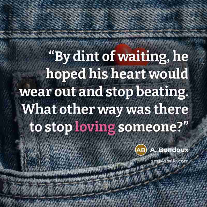 “By dint of waiting, he hoped his heart would wear out and stop beating. What other way was there to stop loving someone?” quote by A. Bondoux