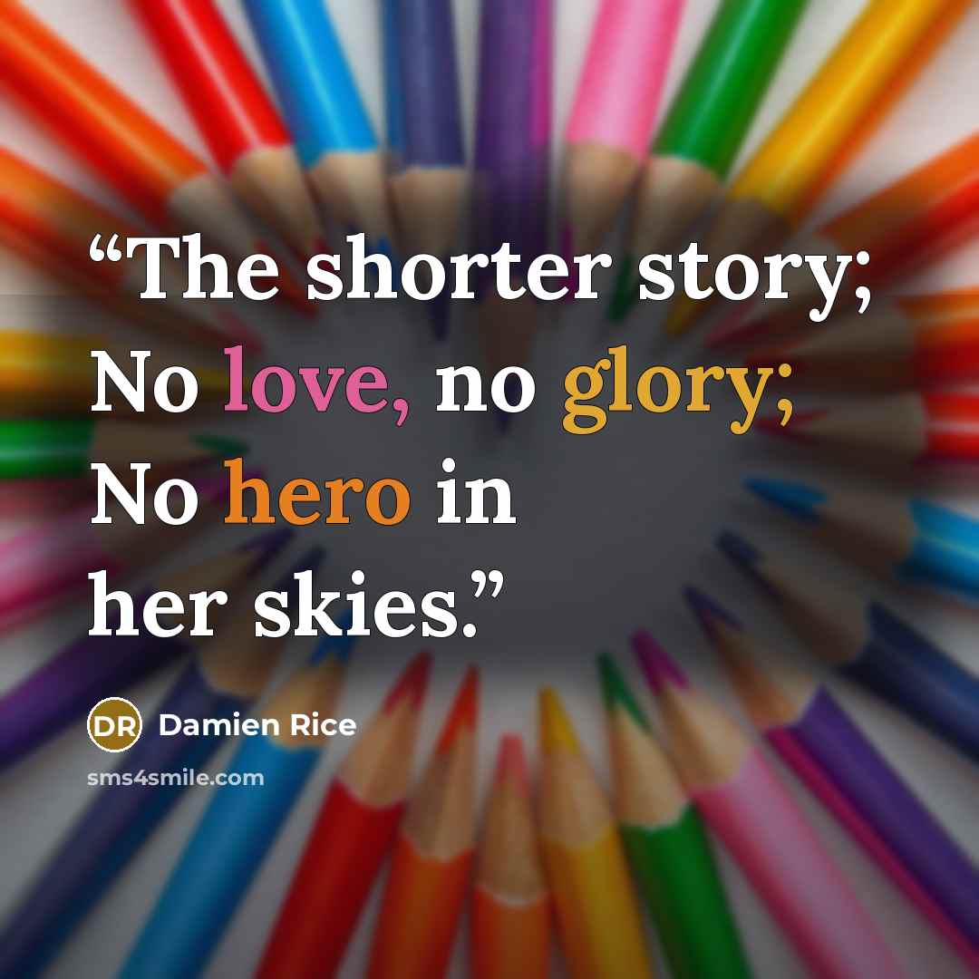“The shorter story; No love, no glory; No hero in her skies.” quote by Damien Rice