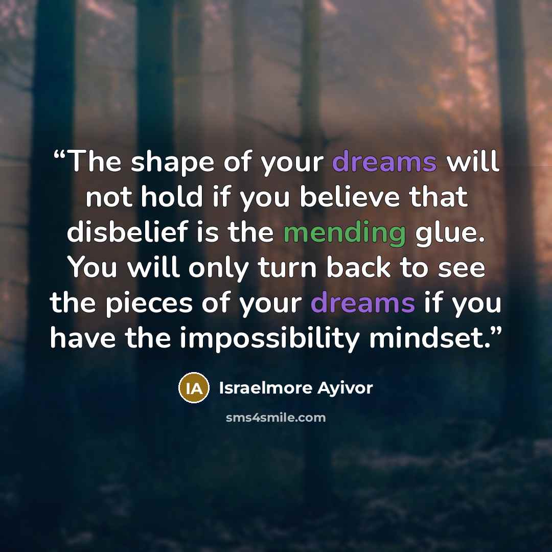 “The shape of your dreams will not hold if you believe that disbelief is the mending glue. You will only turn back to see the pieces of your dreams if you have the impossibility mindset.” quote by Israelmore Ayivor
