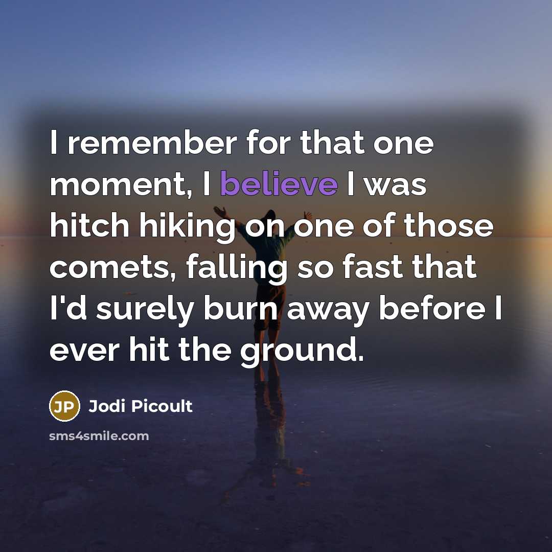 “I remember for that one moment, I believe I was hitch hiking on one of those comets, falling so fast that I'd surely burn away before I ever hit the ground.” quote by Jodi Picoult