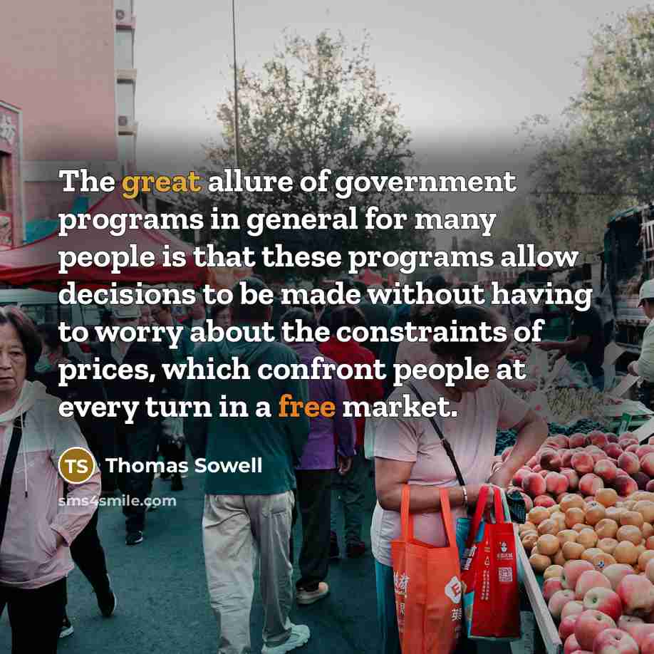 “The great allure of government programs in general for many people is that these programs allow decisions to be made without having to worry about the constraints of prices, which confront people at every turn in a free market.” quote by Thomas Sowell