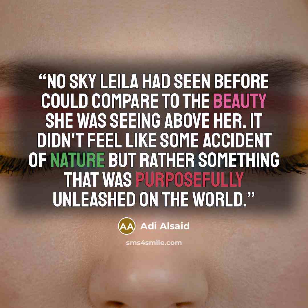 “No sky Leila had seen before could compare to the beauty she was seeing above her. It didn't feel like some accident of nature but rather something that was purposefully unleashed on the world.” quote by Adi Alsaid