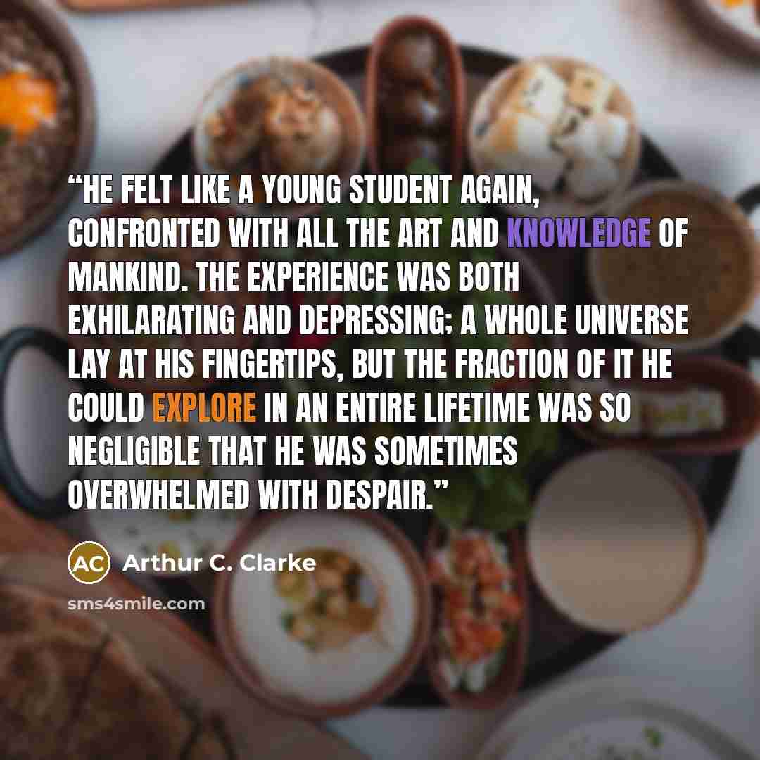 “He felt like a young student again, confronted with all the art and knowledge of mankind. The experience was both exhilarating and depressing; a whole universe lay at his fingertips, but the fraction of it he could explore in an entire lifetime was so negligible that he was sometimes overwhelmed…” quote by Arthur C. Clarke