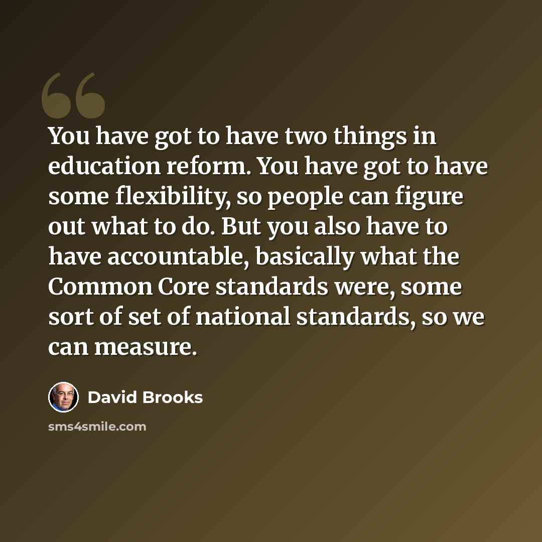 “You have got to have two things in education reform. You have got to have some flexibility, so people can figure out what to do. But you also have to have accountable, basically what the Common Core standards were, some sort of set of national standards, so we can measure.” quote by David Brooks