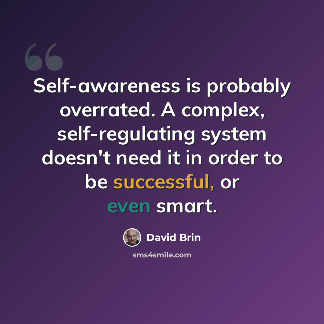“Self-awareness is probably overrated. A complex, self-regulating system doesn't need it in order to be successful, or even smart.” quote by David Brin
