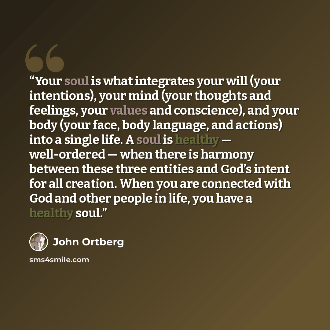 “Your soul is what integrates your will (your intentions), your mind (your thoughts and feelings, your values and conscience), and your body (your face, body language, and actions) into a single life. A soul is healthy — well-ordered — when there is harmony between these three entities and God’s…” quote by John Ortberg