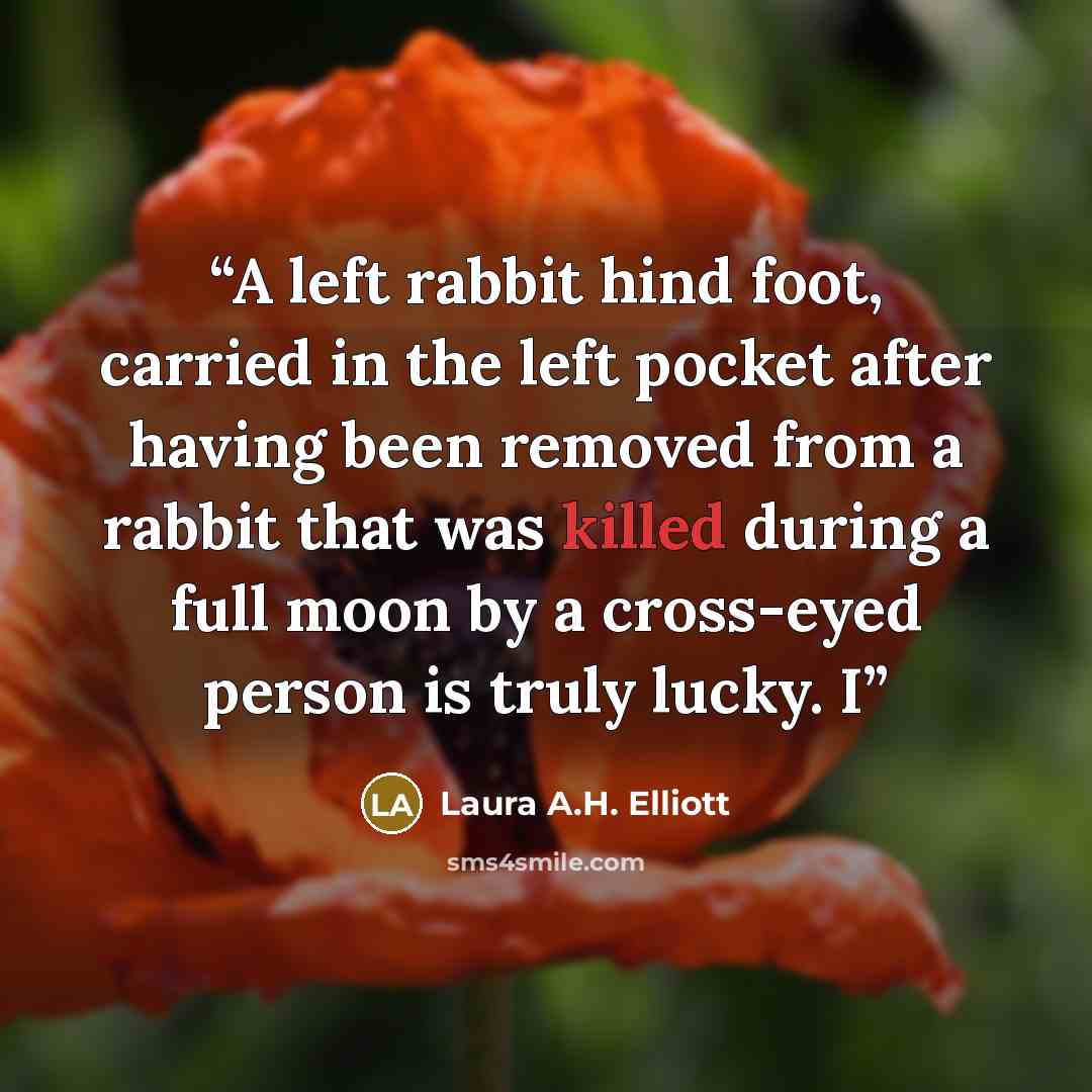 “A left rabbit hind foot, carried in the left pocket after having been removed from a rabbit that was killed during a full moon by a cross-eyed person is truly lucky. I” quote by Laura A.H. Elliott