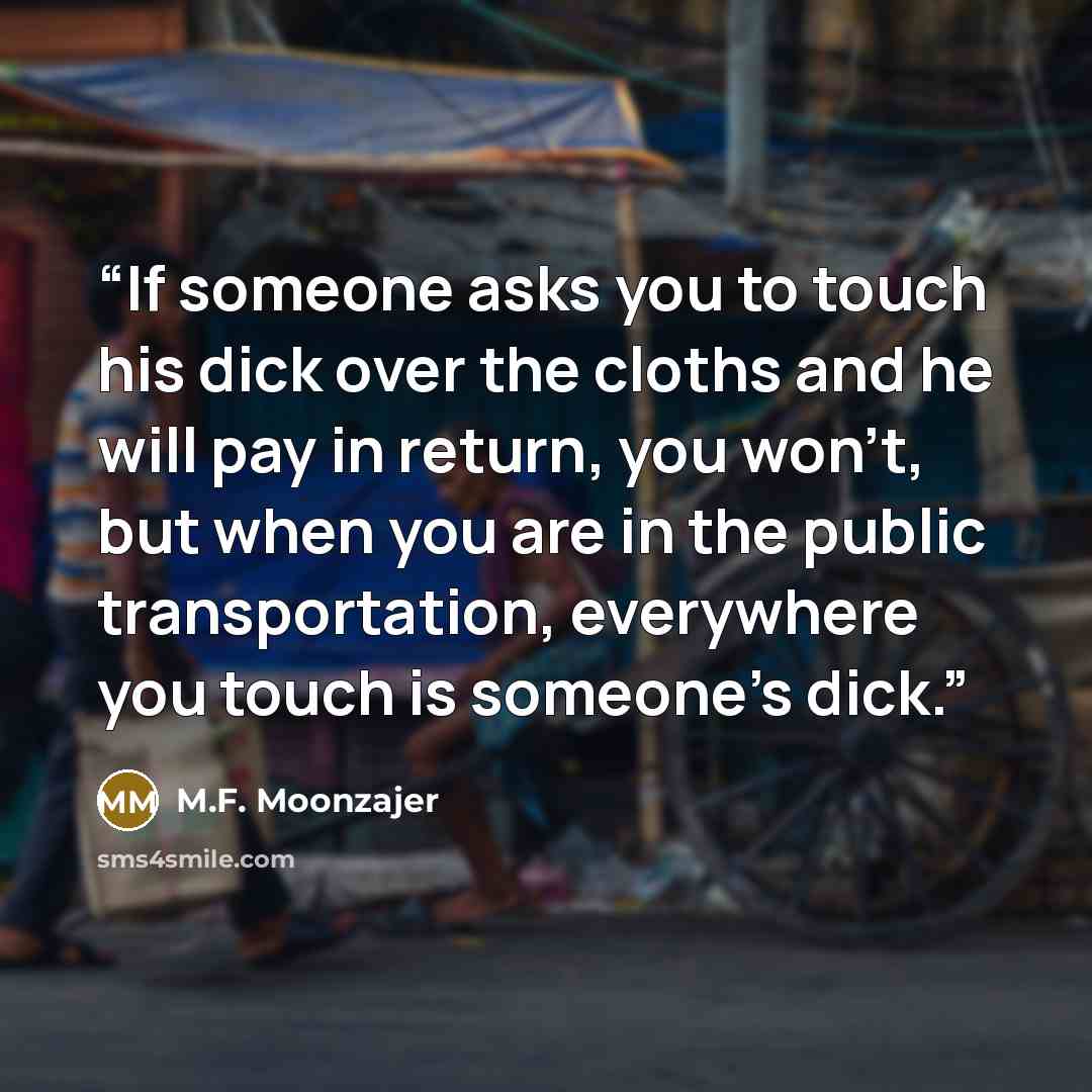 “If someone asks you to touch his dick over the cloths and he will pay in return, you won’t, but when you are in the public transportation, everywhere you touch is someone’s dick.” quote by M.F. Moonzajer