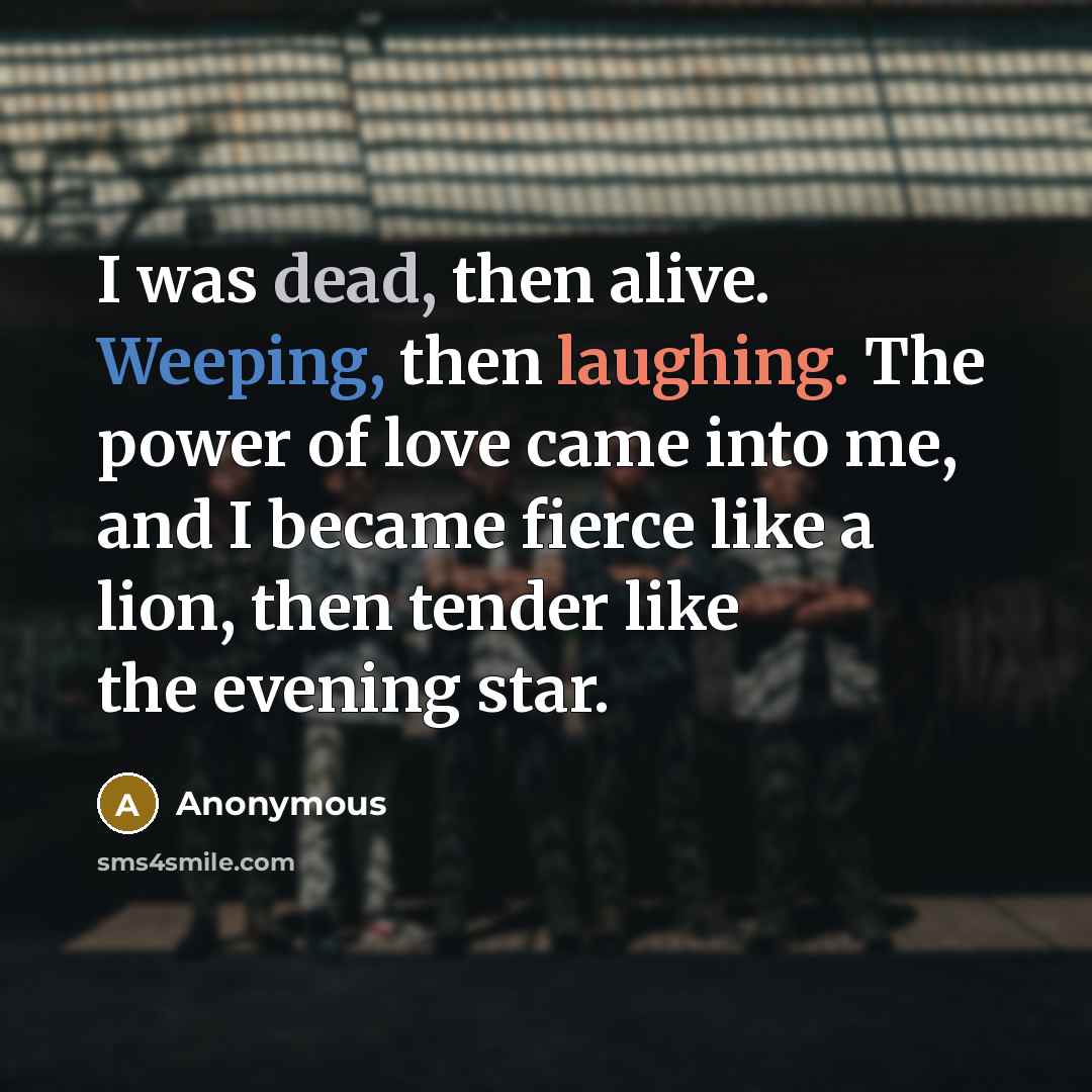 “I was dead, then alive. Weeping, then laughing. The power of love came into me, and I became fierce like a lion, then tender like the evening star.” quote by Anonymous