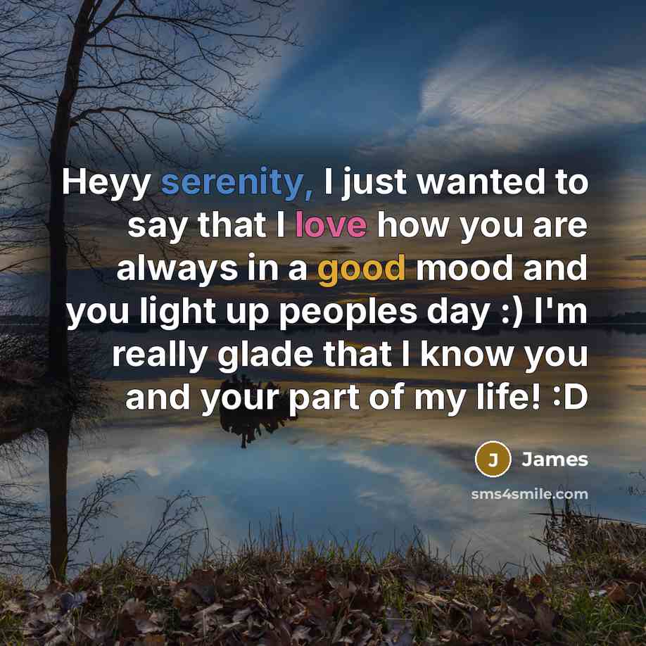 “Heyy serenity, I just wanted to say that I love how you are always in a good mood and you light up peoples day :) I'm really glade that I know you and your part of my life! :D” quote by James