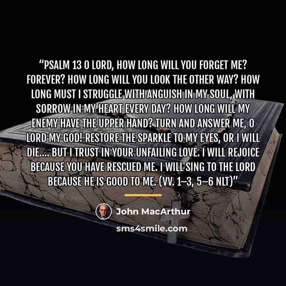 “Psalm 13 O LORD, how long will you forget me? Forever? How long will you look the other way? How long must I struggle with anguish in my soul, with sorrow in my heart every day? How long will my enemy have the upper hand? Turn and answer me, O LORD my God! Restore the sparkle to my eyes, or I will…” quote by John MacArthur