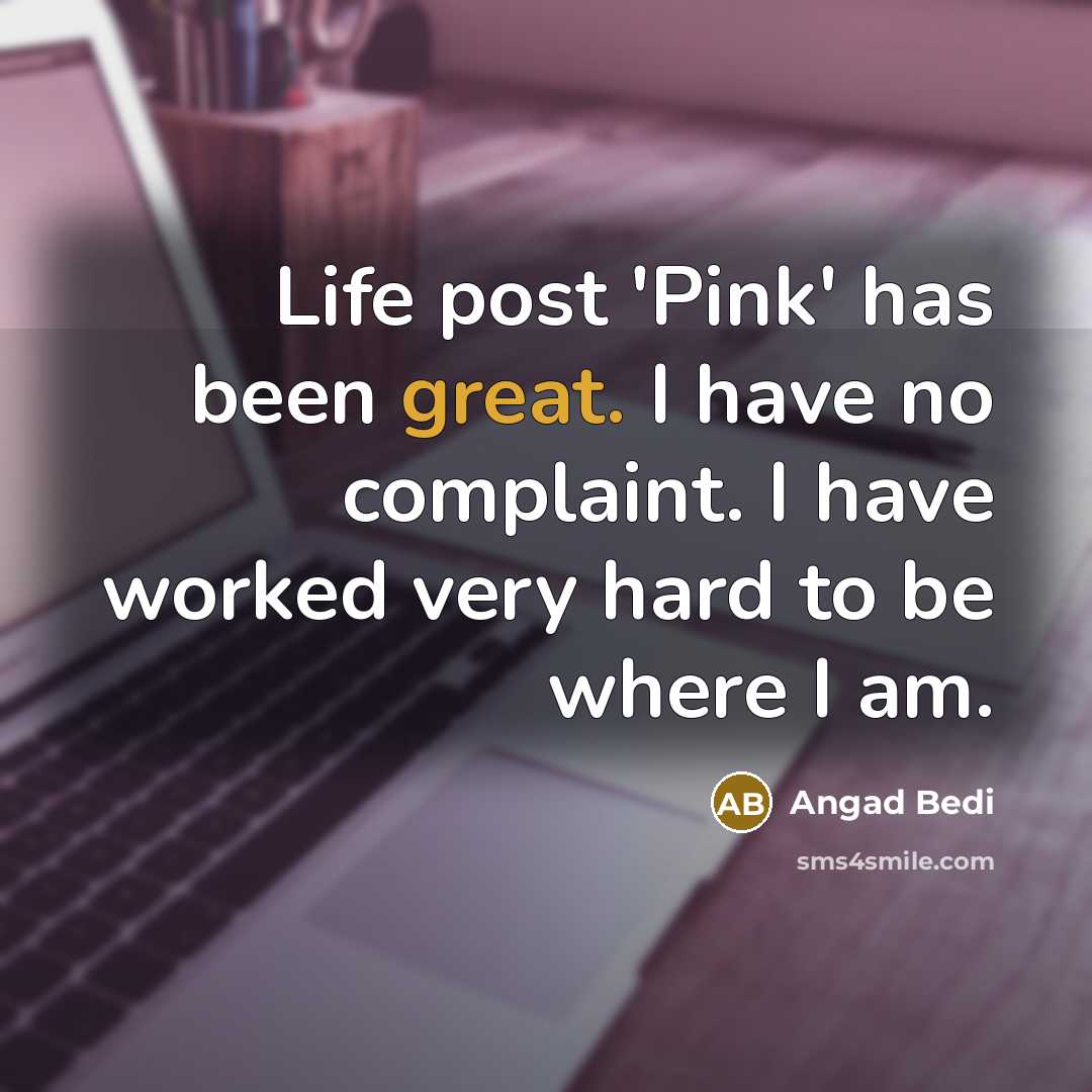 “Life post 'Pink' has been great. I have no complaint. I have worked very hard to be where I am.” quote by Angad Bedi