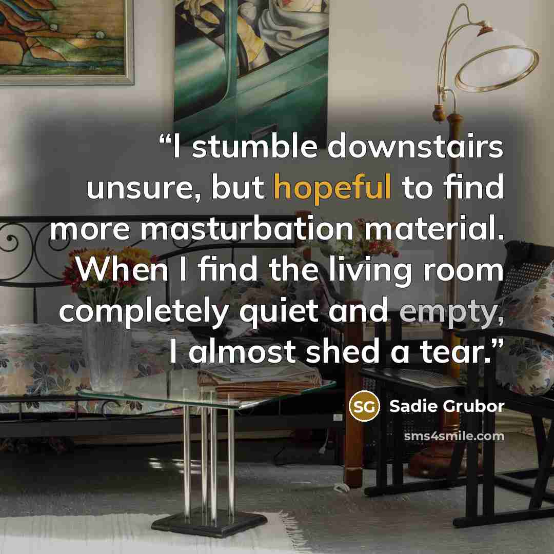 “I stumble downstairs unsure, but hopeful to find more masturbation material. When I find the living room completely quiet and empty, I almost shed a tear.” quote by Sadie Grubor