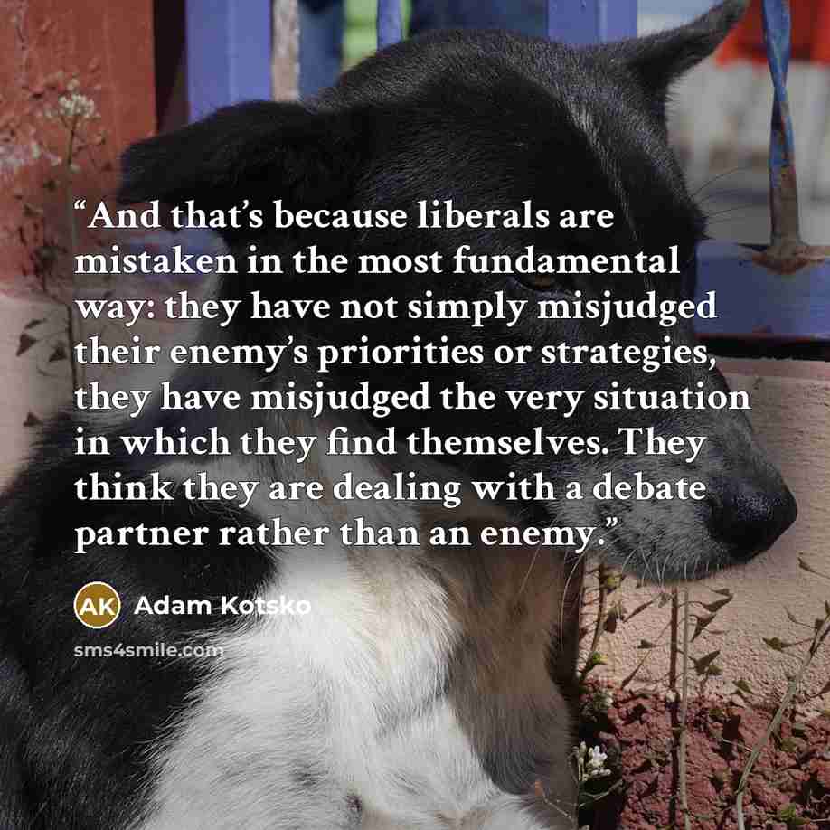 “And that’s because liberals are mistaken in the most fundamental way: they have not simply misjudged their enemy’s priorities or strategies, they have misjudged the very situation in which they find themselves. They think they are dealing with a debate partner rather than an enemy.” quote by Adam Kotsko