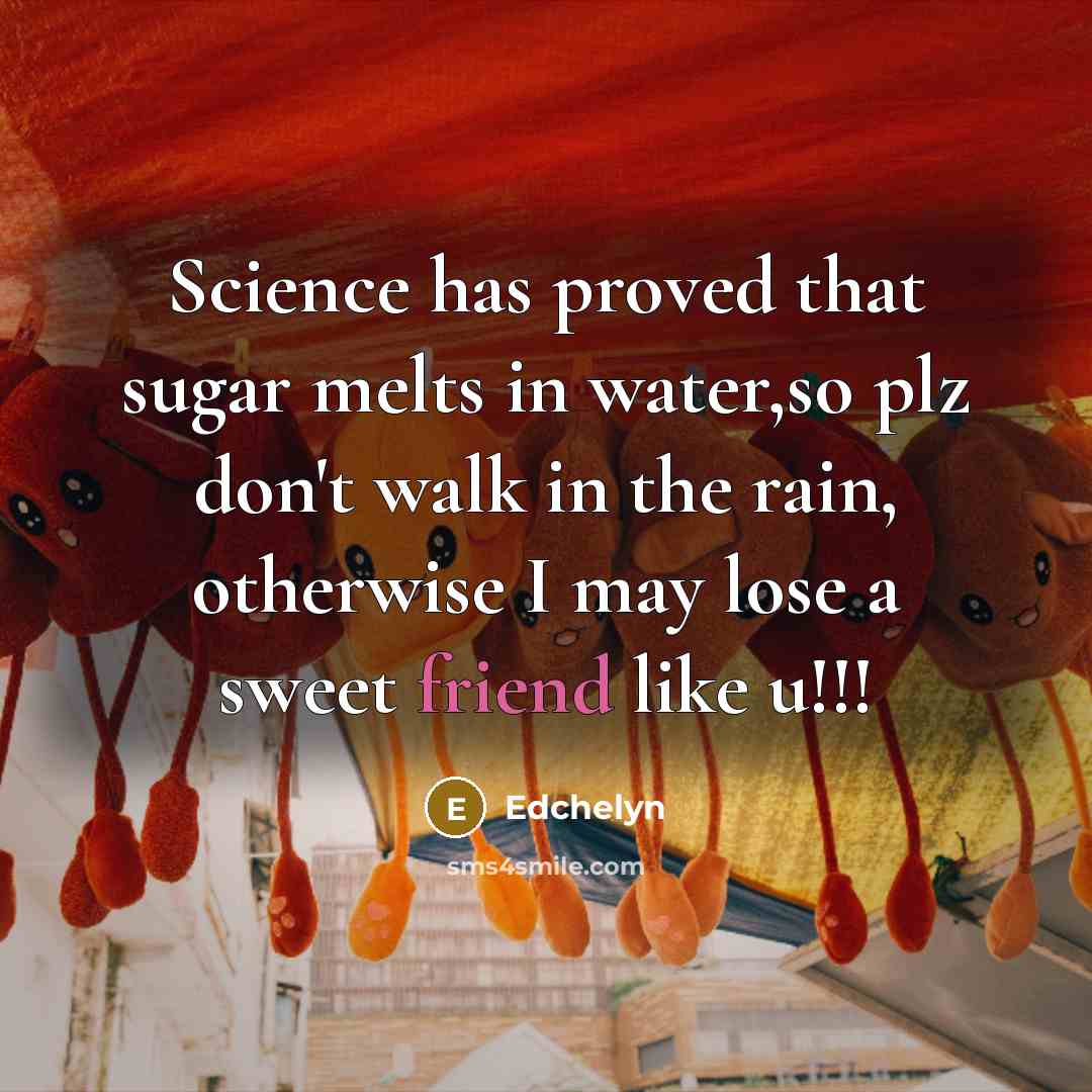 “Science has proved that sugar melts in water,so plz don't walk in the rain, otherwise I may lose a sweet friend like u!!!” quote by Edchelyn
