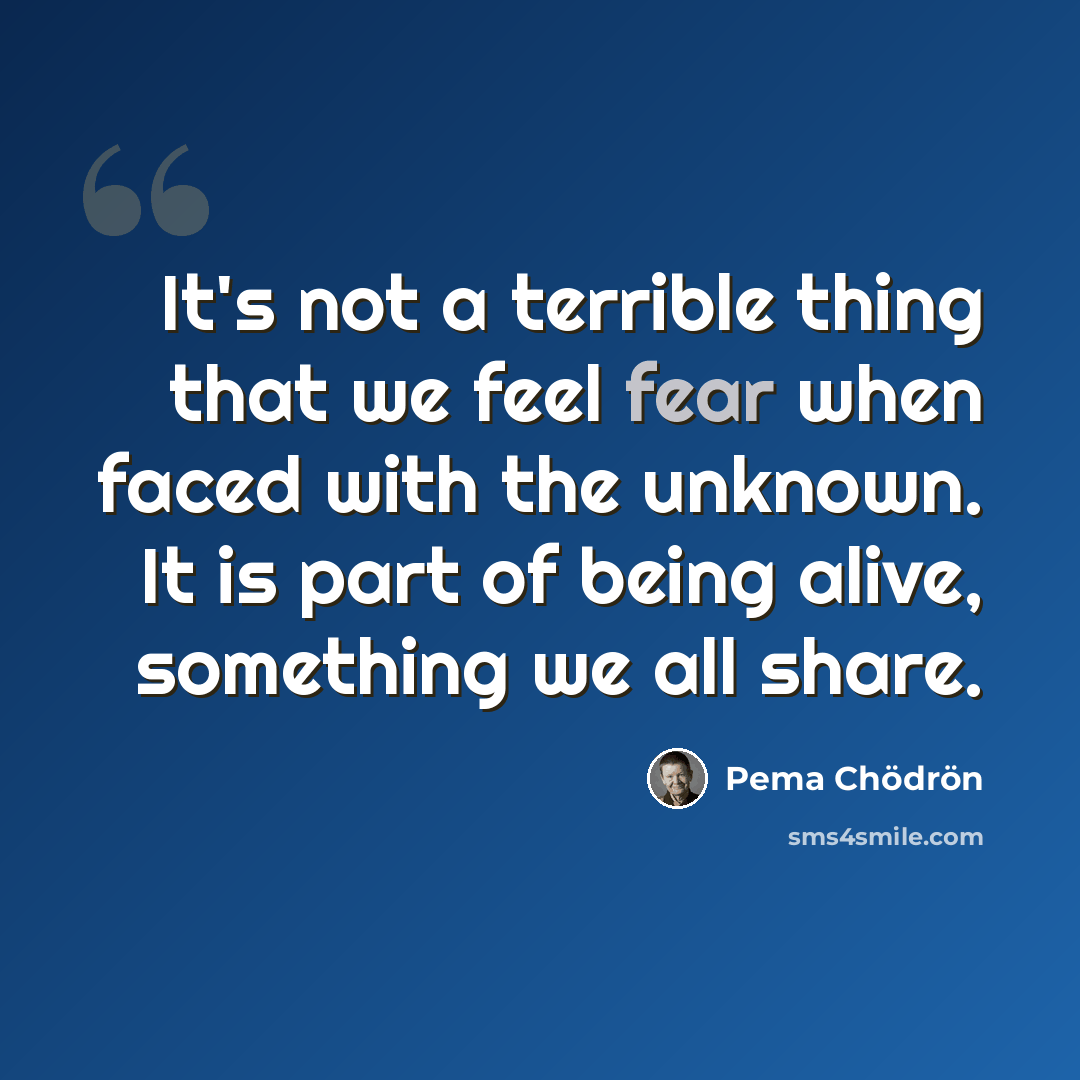 “It's not a terrible thing that we feel fear when faced with the unknown. It is part of being alive, something we all share.” quote by Pema Chodron