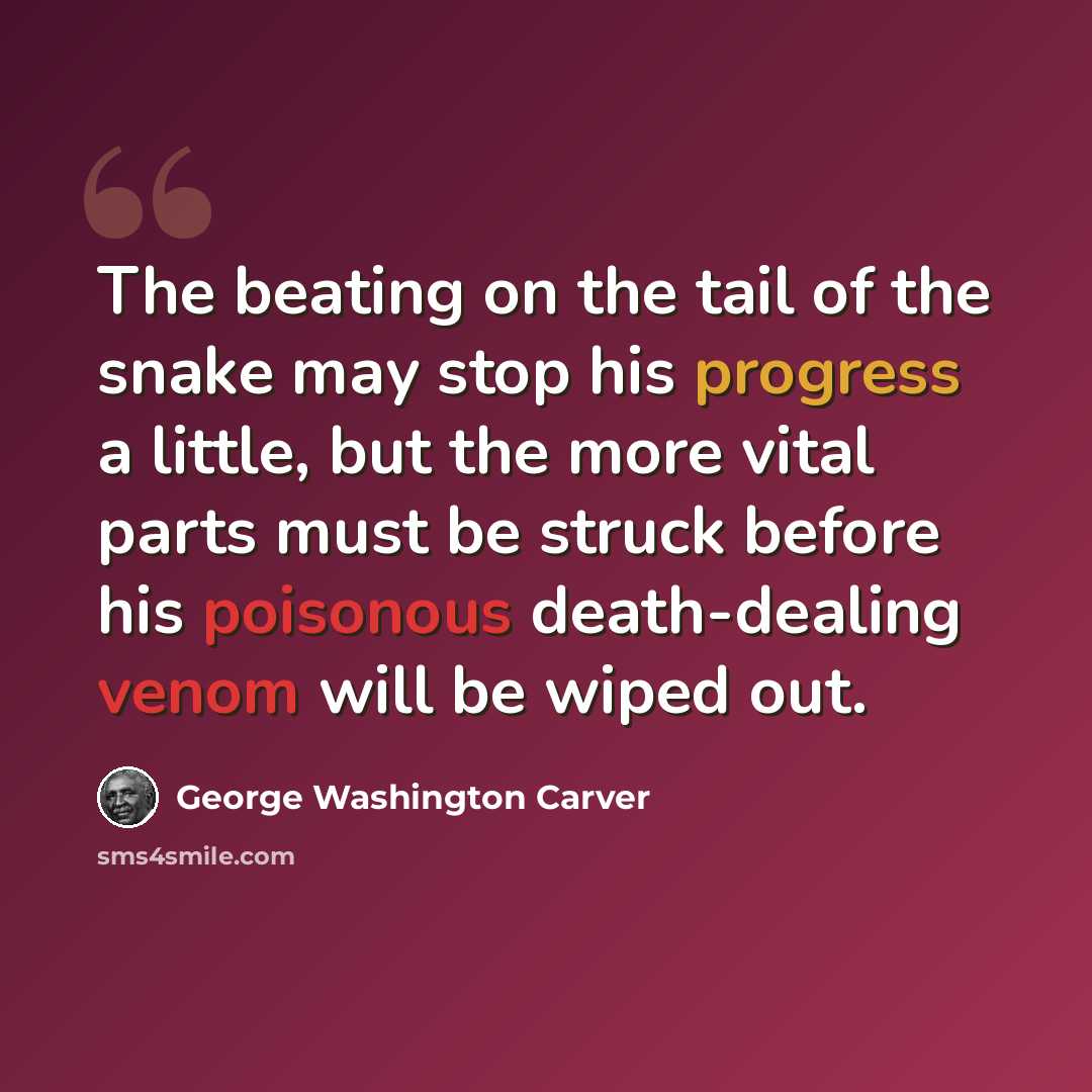 “The beating on the tail of the snake may stop his progress a little, but the more vital parts must be struck before his poisonous death-dealing venom will be wiped out.” quote by George Washington Carver